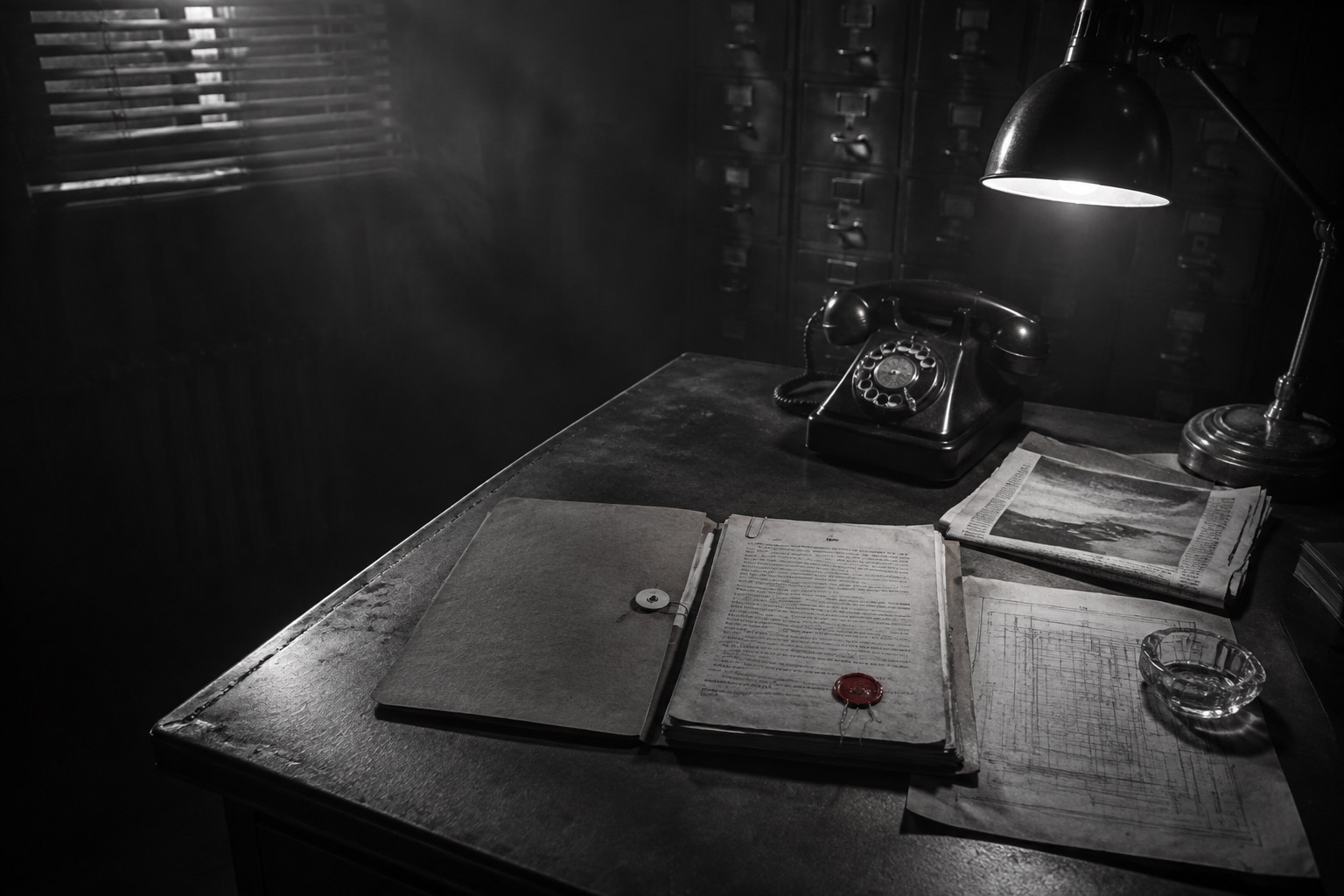 A detective’s desk at night: one lamp, a rotary telephone, an open case file sealed in red wax.