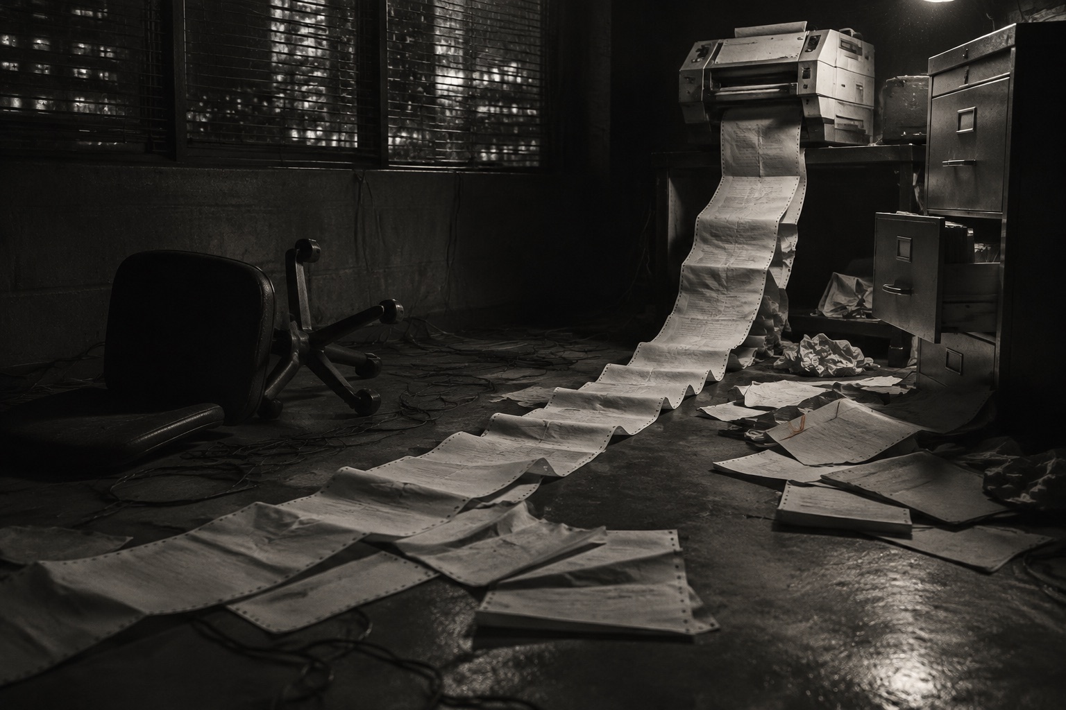 An office printer spilling a long ribbon of paper across the floor, a chair overturned, filing drawers open.