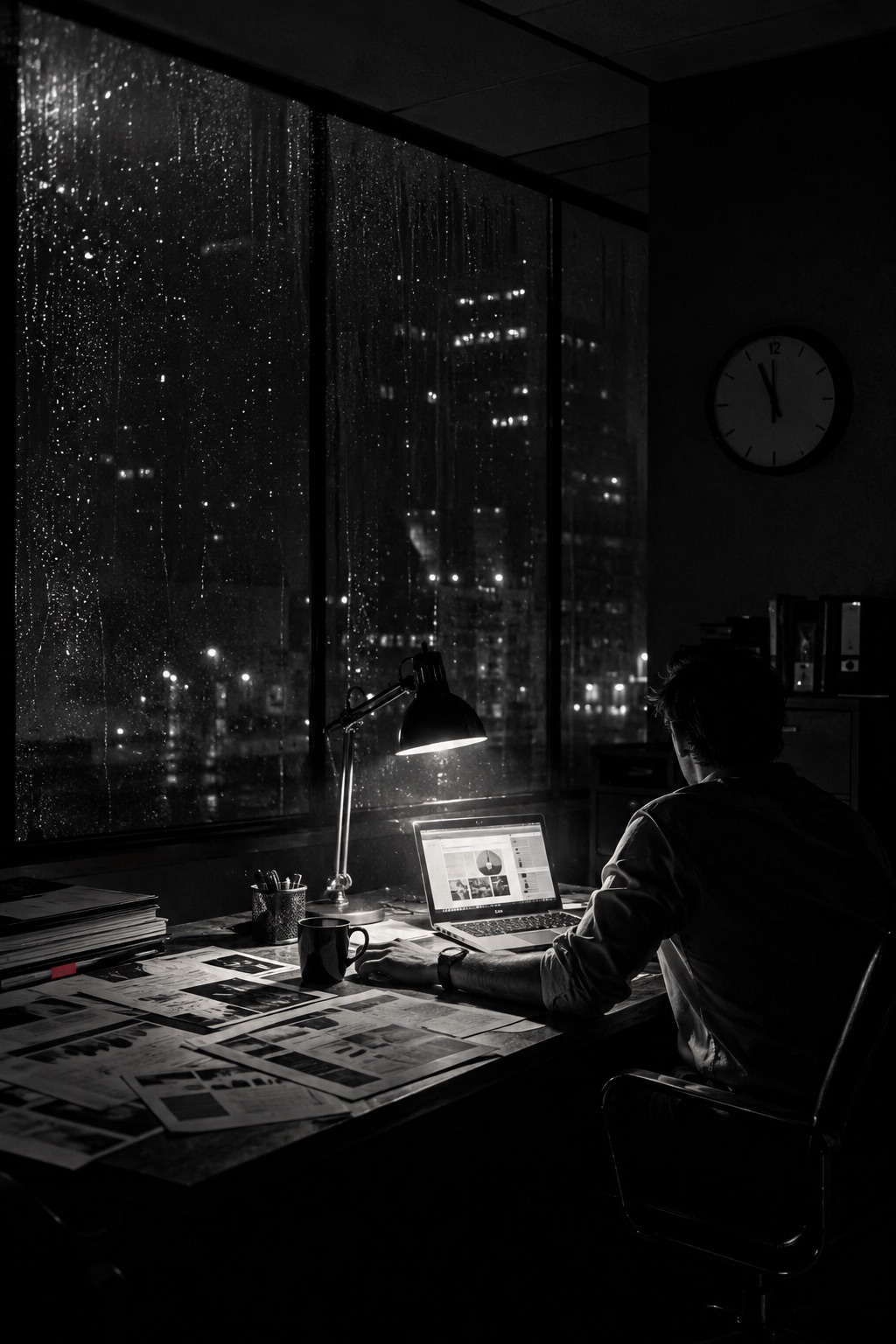 Rain streaking an office window over a city at night, a clock near midnight.